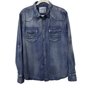 Chalc Men’s Western Shirt Sz XL Distressed Chambray Blue Roll Tab Sleeves